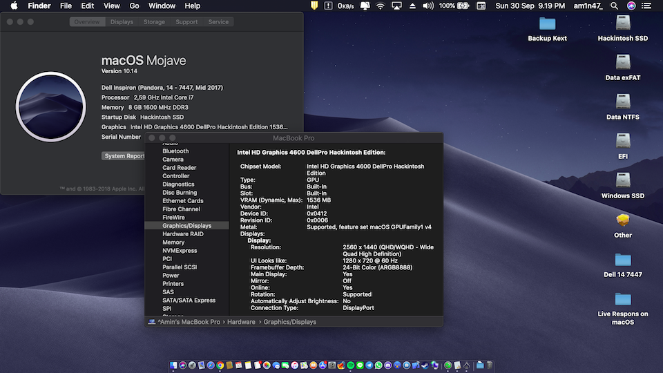 Success Hackintosh macOS Mojave 10.14 Build 18A391 at Dell Inspiron 14 7447 Pandora